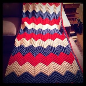 Vintage Crochet Afghan Red White Blue Blanket